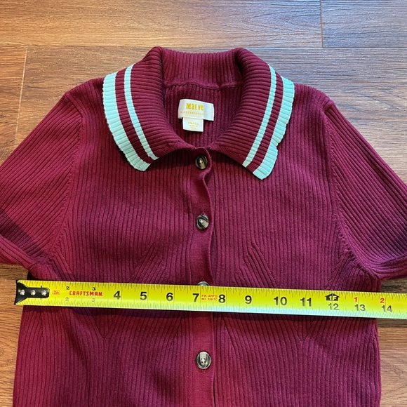 ANTHRO MAEVE Plunging Long-Sleeve Polo Cardigan Burgundy Baby Blue Ribbed Small - Picture 15 of 17